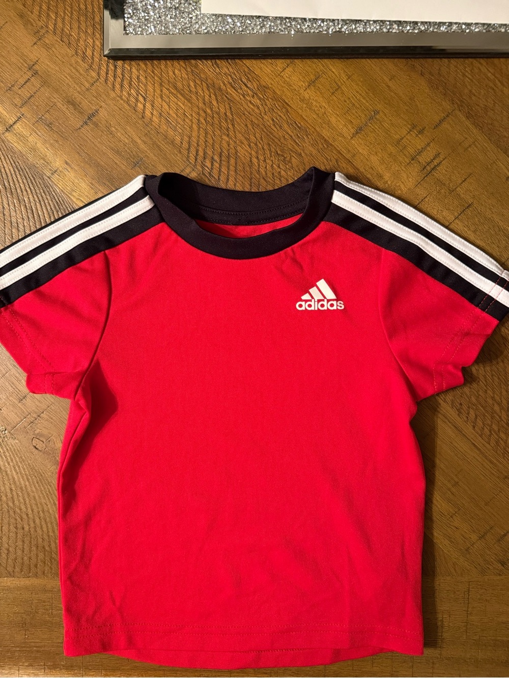 adidas Red Tee with Black & White Shoulder Stripes